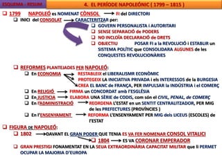 ESQUEMA - RESUM 4. EL PERÍODE NAPOLEÓNIC ( 1799 – 1815 ) 
 1799 NAPOLEÓ es NOMENAT CÒNSOL FI del DIRECTORI 
 INICI del CONSOLAT CARACTERITZAR per: 
 GOVERN PERSONALISTA i AUTORITARI 
 SENSE SEPARACIÓ de PODERS 
 NO INCLOÏA DECLARACIÓ de DRETS 
 OBJECTIU POSAR FI a la REVOLUCIÓ i ESTABLIR un 
SISTEMA POLÍTIC que CONSOLIDARA ALGUNES de les 
CONQUESTES REVOLUCIONÀRIES 
 REFORMES PLANTEJADES PER NAPOLEÓ: 
 En ECONOMIA RESTABLEIX el LIBERALISMR ECONÒMIC 
PROTEGEIX LA INICIATIVA PRIVADA i els INTERESSOS de la BURGESIA 
CREA EL BANC de FRANÇA, PER IMPULSAR la INDÚSTRIA i el COMERÇ 
 En RELIGIÓ FIRMA un CONCORDAT amb l’ESGLÉSIA 
 En JUSTICIA ELABORA UNA SÈRIE de CODIS, com són el CIVIL, PENAL, de COMERÇ 
 En l’ADMINISTRACIÓ REORDENA L’ESTAT en un SENTIT CENTRALITZADOR, PER MIG 
de les PREFECTURES (PROVÍNCIES ) 
 En l’ENSENYAMENT REFORMA L’ENSENYAMENT PER MIG dels LICEUS (ESCOLES) de 
l’ESTAT 
 FIGURA DE NAPOLEÓ: 
 1802 DAVANT EL GRAN PODER QUE TENIA ES VA FER NOMENAR CONSOL VITALICI 
 1804 ES VA CORONAR EMPERADOR 
 GRAN PRESTIGI FONAMENTAT EN LA SEUA EXTRAORDINÀRIA CAPACITAT MILITAR que li PERMET 
OCUPAR LA MAJORIA D’EUROPA 
 