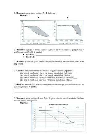 2.Observa atentamente os gráficos A e B da figura 2:
      Figura 2:
                           A                                      B




2.1.Identifica o grupo de países, segundo o grau de desenvolvimento, a que pertence o
gráfico A e o gráfico B. (6 pontos)
           • Gráfico A: ___________________________________
           • Gráfico B: ___________________________________

2.2.Refere o gráfico em que a taxa de crescimento natural é, na actualidade, mais baixa.
(6 pontos)
______________________________________________________________________

2.3.Justifica a resposta anterior assinalando a opção correcta: (8 pontos)
       a)-a taxa de natalidade é baixa e a taxa de mortalidade é elevada; ___
       b)-a taxa de natalidade é baixa e a taxa de mortalidade é baixa; ___
       c)-a taxa de natalidade é elevada e a taxa de mortalidade é elevada; ___
       d)-a taxa de natalidade é elevada e a taxa de mortalidade é baixa. ___

2.4.Indica o nome de dois países de continentes diferentes que possam ilustrar cada um
dos dois gráficos. (6 pontos)
______________________________________________________________________
______________________________________________________________________


3.Observa atentamente o gráfico da figura 3, que representa o modelo teórico das fases
de crescimento demográfico:
       Figura 3:
 