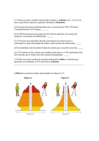 3.1.Tendo em conta o modelo representado na figura 3, assinala com 1, 2, 3 ou 4 as
fases a que dizem respeito as seguintes afirmações: (10 pontos)

a)-Fase típica dos países industrializados que se caracteriza por TM e TN baixas.
Consequentemente o CN estagna. ______

b)-As TM baixam graças aos progressos das técnicas agrícolas, aos avanços da
medicina e ao aumento da alfabetização. ______

c)-A TN inicia uma importante descida, motivada por um maior acesso a
contraceptivos, pela emancipação da mulher e pelo aumento da urbanização. _____

d)-Na actualidade, não há nenhum Estado do mundo que se encontre nesta fase. _____

e)-A TN mantém-se alta, embora com tendência para descer. A TM experimenta uma
forte descida, que se traduz num forte aumento da população. _____

3.2.Tendo em conta o modelo de transição demográfica, indica o continente que
apresenta, na actualidade, a TCN mais baixa. (4 pontos)
______________________________________________________________________



4.Observa as estruturas etárias representadas nas figuras 4 e 5:

            Figura 4:                                      Figura 5:
 
