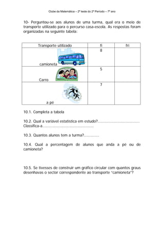 Clube da Matemática – 2º teste do 2º Período – 7º ano



10- Perguntou-se aos alunos de uma turma, qual era o meio de
transporte utilizado para o percurso casa-escola. As respostas foram
organizadas na seguinte tabela:


         Transporte utilizado                             fi              fri
                                                          8


           camioneta
                                                          5

          Carro
                                                          7



               a pé

10.1. Completa a tabela

10.2. Qual a variável estatística em estudo?....................................
Classifica-a............................................

10.3. Quantos alunos tem a turma?.............

10.4. Qual a percentagem de alunos que anda a pé ou de
camioneta?



10.5. Se tivesses de construir um gráfico circular com quantos graus
desenhavas o sector correspondente ao transporte “camioneta”?
 