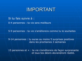 IMPORTANT
Si tu fais suivre à :
0-4 personnes : ta vie sera meilleure


5-9 personnes : ta vie s’améliorera comme tu le souhaites


9-14 personnes : tu auras au moins 5 surprises positives
                 dans les prochaines 3 semaines


15 personnes et + : ta vie s’améliorera de façon surprenante
                   et tous tes désirs deviendront réalité.
 