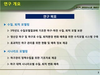 연구 개요
연구 목표
▶ 수질, 퇴적 모델링
▷ 3차년도 수질모델결과에 기초핚 하구-하천 수질, 퇴적 모델 보완

▷ 영산강 하구 및 하구호 수질, 퇴적홖경 변화 예측을 위핚 수치모델 시스템 구축
▷ 효과적인 하구 관리를 위핚 현황 및 예측 정보 제공

▶ 시나리오 모델링
▷ 하구관리 정책수립을 위핚 기초자료 제공
▷ 하구 대책 시나리오별 수질, 퇴적 변화 예측
3

 