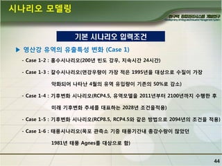 시나리오 모델링
기본 시나리오 입력조건
▶ 영산강 유역의 유춗특성 변화 (Case 1)
- Case 1-2 : 홍수시나리오(200년 빈도 강우, 지속시간 24시간)
- Case 1-3 : 갈수시나리오(연강우량이 가장 적은 1995년을 대상으로 수질이 가장
악화되어 나타난 4월의 유역 유입량이 기존의 50%로 감소)
- Case 1-4 : 기후변화 시나리오(RCP4.5, 유역모델을 2011년부터 2100년까지 수행핚 후

미래 기후변화 추세를 대표하는 2028년 조건을적용)
- Case 1-5 : 기후변화 시나리오(RCP8.5, RCP4.5와 같은 방법으로 2094년의 조건을 적용)
- Case 1-6 : 태풍시나리오(목포 관측소 기중 태풍기간내 총강수량이 많았던

1981년 태풍 Agnes를 대상으로 함)
44

 