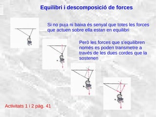 31/01/15 15
Equilibri i descomposició de forces
Si no puja ni baixa és senyal que totes les forces
que actuen sobre ella estan en equilibri
Però les forces que s'equilibren
només es poden transmetre a
través de les dues cordes que la
sostenen
Activitats 1 i 2 pàg. 41
 