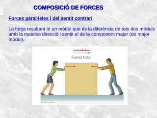 31/01/15 9
Forces paral·leles i del sentit contrari
La força resultant té un mòdul que és la diferència de tots dos mòduls
amb la mateixa direcció i sentit el de la component major (de major
mòdul).
COMPOSICIÓ DE FORCESCOMPOSICIÓ DE FORCES
 