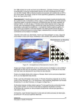 Em 1986 nações do mundo reuniram-se em Montreal – Canadá e firmaram o Protoco-
lo de Montreal, no qual se comprometem diminuir em 50% a produção de CFC até o
ano de 2000. Desde 1988 a indústria brasileira de aerosóis vem substituindo os CFC’s
por outros gases. No entanto, ainda há muitos aparelhos (geladeiras, condicionadores
de ar, etc.) que contem CFC.
Desmatamento: O desflorestamento está intimamente ligado à perda da biodiversida-
de, à perda do solo, à atmosfera e clima, à água, à cultura indígena, etc. Elas exercem
importante papel no equilíbrio ambiental, principalmente pelo seu efeito regulador do
balanço hídrico, no ciclo da água. A floresta exerce efeito esponja sobre a água das
chuvas, pela interceptação da água através das copas das árvores e outras plantas
associadas e pela ação da serapilheira – a camada de matéria orgânica (galhos, fo-
lhas, frutos) que recobrem o solo das florestas. Ela retém grande volume de água,
liberando-a lentamente para os cursos d’água, reabastecendo os lençóis freáticos e
controlando as enxurradas e inundação.
Quando a terra está nua, desmatada, mesmo que haja pastagem ou roça, a água da
chuva desce o morro com força, arrastando o solo (erosão) com perda da fertilidade.
Figura 16 - Conseqüências do Desmatamento (Visentini, 2001)
A água que chegou rapidamente ao rio ou riacho provoca inundação e o solo erodido é
depositado do leito dos rios causando o assoreamento, isto é, a calha do rio fica cada
vez mais rasa e as represas tem seu tempo de vida reduzido.
Existe uma relação direta entre a água e a floresta. Assim como as árvores dependem
do rio, os rios dependem das árvores.
Então, qual das afirmações está correta: A Floresta Amazônica depende do rio Ama-
zonas e seus afluentes. Ou, o rio Amazonas e seus afluentes despendem da Floresta
Amazônica. E o rio São Francisco, rio Uruguai, rio Itajaí Açú...?
As florestas tropicais úmidas cobrem apenas 7% da superfície dos continentes do pla-
neta, porém contém, no mínimo 2/3 de todas as espécies de plantas e animais.
As florestas são, portanto um dos principais componentes naturais que garantem a
vida sobre a Terra.
A Amazônia, maior floresta tropical do mundo está sob célere processo de destruição,
já conta com 15% da sua superfície destruída.
33
 