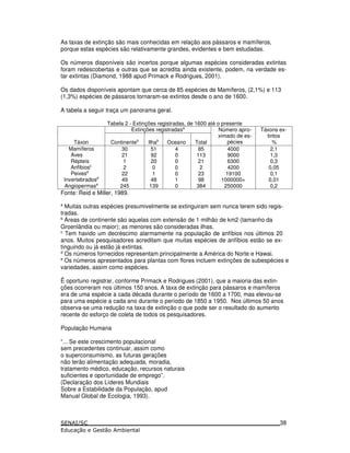 As taxas de extinção são mais conhecidas em relação aos pássaros e mamíferos,
porque estas espécies são relativamente grandes, evidentes e bem estudadas.
Os números disponíveis são incertos porque algumas espécies consideradas extintas
foram redescobertas e outras que se acredita ainda existente, podem, na verdade es-
tar extintas (Diamond, 1988 apud Primack e Rodrigues, 2001).
Os dados disponíveis apontam que cerca de 85 espécies de Mamíferos, (2,1%) e 113
(1,3%) espécies de pássaros tornaram-se extintos desde o ano de 1600.
A tabela a seguir traça um panorama geral.
Tabela 2 - Extinções registradas, de 1600 até o presente
Extinções registradasa
Táxon Continenteb
Ilhab
Oceano Total
Número apro-
ximado de es-
pécies
Táxons ex-
tintos
%
Mamíferos
Aves
Répteis
Anfíbiosc
Peixesd
Invertebradosd
Angiopermase
30
21
1
2
22
49
245
51 4
92 0
20 0
0 0
1 0
48 1
139 0
85
113
21
2
23
98
384
4000
9000
6300
4200
19100
1000000+
250000
2,1
1,3
0,3
0,05
0,1
0,01
0,2
Fonte: Reid e Miller, 1989.
a
Muitas outras espécies presumivelmente se extinguiram sem nunca terem sido regis-
tradas.
b
Áreas de continente são aquelas com extensão de 1 milhão de km2 (tamanho da
Groenlândia ou maior); as menores são consideradas ilhas.
c
Tem havido um decréscimo alarmamente na população de anfíbios nos últimos 20
anos. Muitos pesquisadores acreditam que muitas espécies de anfíbios estão se ex-
tinguindo ou já estão já extintas.
d
Os números fornecidos representam principalmente a América do Norte e Hawai.
e
Os números apresentados para plantas com flores incluem extinções de subespécies e
variedades, assim como espécies.
Ë oportuno registrar, conforme Primack e Rodrigues (2001), que a maioria das extin-
ções ocorreram nos últimos 150 anos. A taxa de extinção para pássaros e mamíferos
era de uma espécie a cada década durante o período de 1600 a 1700, mas elevou-se
para uma espécie a cada ano durante o período de 1850 a 1950. Nos últimos 50 anos
observa-se uma redução na taxa de extinção o que pode ser o resultado do aumento
recente do esforço de coleta de todos os pesquisadores.
População Humana
“... Se este crescimento populacional
sem precedentes continuar, assim como
o superconsumismo, as futuras gerações
não terão alimentação adequada, moradia,
tratamento médico, educação, recursos naturais
suficientes e oportunidade de emprego”.
(Declaração dos Líderes Mundiais
Sobre a Estabilidade da População, apud
Manual Global de Ecologia, 1993).
38
 