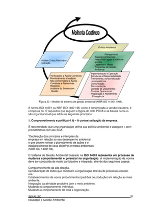 Política Ambiental
Análise Crítica Pela Admi-
nistração
Verificações e Ações Corretivas
Monitoramento e Medição
Não-conformidade e Ações
Corretivas e Preventivas
Registros
Auditoria do Sistema em
Gestão
Planejamento
Aspectos Ambientais
Requisitos Legais e outros re-
quisitos
Objetivos e Metas
Programas de Gestão
Ambiental
Implementação e Operação
Estruturas e Responsabilidade
Treinamento, conscinetização
e competência
Comunicação
Documentação
Controle de Documentos
Controle Operacional
Preparação e Atendimento
Emergência
Figura 23 - Modelo de sistema de gestão ambiental (NBR/ISO 14 001:1996).
A norma ISO 14001 ou NBR ISO 14001:96, como é denominada a versão brasileira, é
composta de 17 requisitos que seguem a lógica do ciclo PDCA e se baseia numa vi-
são organizacional que adota os seguintes princípios:
1. Comprometimento e política (4.1) – A contextualização da empresa.
É recomendado que uma organização defina sua política ambiental e assegure o com-
prometimento com seu SGA.
“Declaração dos princípios e intenções da
empresa em relação ao seu desempenho ambiental
e que devem nortear o planejamento de ações e o
estabelecimento de seus objetivos e metas ambientais”
(NBR ISO 14001:96).
O Sistema de Gestão Ambiental baseado na ISO 14001 representa um processo de
mudança comportamental e gerencial na organização. A implementação da norma
deve ser conduzida de modo participativo e integrado, através dos seguintes passos:
Comprometimento da alta direção.
Sensibilização de todos que compõem a organização através de processos educati-
vos.
Estabelecimentos de novos procedimentos (padrões de produção) em relação ao meio
ambiente.
Integração da atividade produtiva com o meio ambiente.
Mudando o comportamento individual.
Mudando o comportamento de toda a organização.
51
 