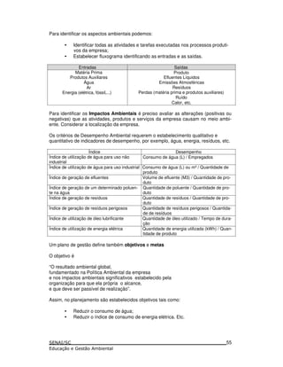 Para identificar os aspectos ambientais podemos:
• Identificar todas as atividades e tarefas executadas nos processos produti-
vos da empresa;
• Estabelecer fluxograma identificando as entradas e as saídas.
Entradas Saídas
Matéria Prima
Produtos Auxiliares
Água
Ar
Energia (elétrica, fóssil,...)
Produto
Efluentes Líquidos
Emissões Atmosféricas
Resíduos
Perdas (matéria prima e produtos auxiliares)
Ruído
Calor, etc.
Para identificar os Impactos Ambientais é preciso avaliar as alterações (positivas ou
negativas) que as atividades, produtos e serviços da empresa causam no meio ambi-
ente. Considerar a localização da empresa.
Os critérios de Desempenho Ambiental requerem o estabelecimento qualitativo e
quantitativo de indicadores de desempenho, por exemplo, água, energia, resíduos, etc.
Índice Desempenho
Índice de utilização de água para uso não
industrial
Consumo de água (L) / Empregados
Índice de utilização de água para uso industrial Consumo de água (L) ou m³ / Quantidade de
produto
Índice de geração de efluentes Volume de efluente (M3) / Quantidade de pro-
duto
Índice de geração de um determinado poluen-
te na água
Quantidade de poluente / Quantidade de pro-
duto
Índice de geração de resíduos Quantidade de resíduos / Quantidade de pro-
duto
Índice de geração de resíduos perigosos Quantidade de resíduos perigosos / Quantida-
de de resíduos
Índice de utilização de óleo lubrificante Quantidade de óleo utilizado / Tempo de dura-
ção
Índice de utilização de energia elétrica Quantidade de energia utilizada (kWh) / Quan-
tidade de produto
Um plano de gestão define também objetivos e metas
O objetivo é
“O resultado ambiental global,
fundamentado na Política Ambiental da empresa
e nos impactos ambientais significativos estabelecido pela
organização para que ela própria o alcance,
e que deve ser passível de realização”.
Assim, no planejamento são estabelecidos objetivos tais como:
• Reduzir o consumo de água;
• Reduzir o índice de consumo de energia elétrica. Etc.
55
 
