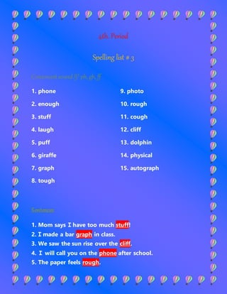 4th. Period
Spelling list # 3
Consonantsound/f/ ph, gh, ff
1. phone
2. enough
3. stuff
4. laugh
5. puff
9. photo
10. rough
11. cough
12. cliff
13. dolphin
6. giraffe
7. graph
8. tough
14. physical
15. autograph
Sentences
1. Mom says I have too much stuff!
2. I made a bar graph in class.
3. We saw the sun rise over the cliff.
4. I will call you on the phone after school.
5. The paper feels rough.
 