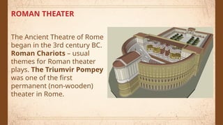 ROMAN THEATER
The Ancient Theatre of Rome
began in the 3rd century BC.
Roman Chariots – usual
themes for Roman theater
plays. The Triumvir Pompey
was one of the first
permanent (non-wooden)
theater in Rome.
 