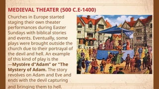 MEDIEVAL THEATER (500 C.E-1400)
Churches in Europe started
staging their own theater
performances during Easter
Sundays with biblical stories
and events. Eventually, some
plays were brought outside the
church due to their portrayal of
the devil and hell. An example
of this kind of play is the
―Mystére d‟Adam” or "The
Mystery of Adam. The story
revolves on Adam and Eve and
ends with the devil capturing
and bringing them to hell.
 