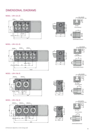 13
DIMENSIONAL DIAGRAMS
MODEL - URH-125-2S
MODEL - URH-125-3S
MODEL - URH-170-2S
MODEL - URH-170-3S
Dimensions depends on motor being used
224
110
27
704.5#
17.5 76.5 145 145
439
PCD 60
PCD 60 PCD 60
14 h6
35
155
308
37 100 200 200
600
957#
PCD 81.5 PCD 81.5 PCD 81.5
18 h6
178
165
66
125
66
125
165
178 170
175.2
205.2
72
170
175.2
205.2
72
40
25
40H7
CENTER BORE DETAILS
12H7 2 SLOTS
12
20
19
T-SLOTS DETAILS
OTHER SLOTS 12H8
20
40
30H7
16
10
17
10H7 2 SLOTS
CENTER BORE DETAILES
T-SLOTS DETAILS
OTHER SLOTS 10H8
10H7 2 SLOTS
10
17
16
30H7
20
40
CENTER BORE DETAILES
T-SLOTS DETAILS
OTHER SLOTS 10H8
12H7 2 SLOTS
12
20
19
T-SLOTS DETAILS
40H7
25
40
CENTER BORE DETAILES
OTHER SLOTS 12H8
27
110
224
17.5 76.5 145
294
527#
PCD 60 PCD 60
14 h6
37
35
155
308
100
200
400
757#
PCD 81.5PCD 81.5
14h6
 