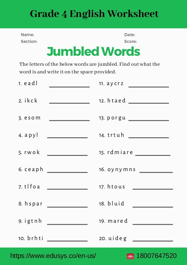 Jumbled Words Worksheets For Grade 1 - A Worksheet Blog