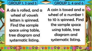 GROUP 1, 3 and 5 GROUP 2, 4 and 6
A die is rolled, and a
wheel of vowels
letters is spinned.
Find the sample
space using table,
tree diagram and
systematic listing.
A coin is tossed and a
wheel of a number 1
to 10 is spinned. Find
the sample space
using table, tree
diagram and
systematic listing.
 