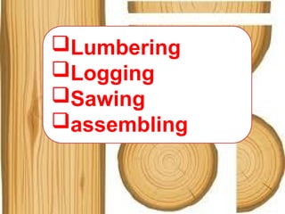Lumbering
Logging
Sawing
assembling
 
