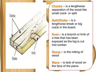 Checks – is a lengthwise
separation of the wood like
small crack or split
Split/Shake – is a
lengthwise break or big
crack in the board.
Knot – is a branch or limb of
a tree that has been
exposed as the log is cut
into lumber.
Decay – is the rotting of
wood
Wane – is lack of wood on
the face of the piece.
 