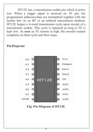 15
HT12E has a transmission enable pin which is active
low. When a trigger signal is received on TE pin, the
programmed addresses/data are transmitted together with the
header bits via an RF or an infrared transmission medium.
HT12E begins a 4-word transmission cycle upon receipt of a
transmission enable. This cycle is repeated as long as TE is
kept low. As soon as TE returns to high, the encoder output
completes its final cycle and then stops.
Pin Diagram:
Fig: Pin Diagram of HT12E
 