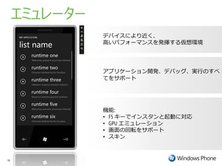 エミュレーター
               デバイスにより近く、
               高いパフォーマンスを発揮する仮想環境




               アプリケーション開発、デバッグ、実行のすべ
               てをサポート




               機能:
               • F5 キーでインスタンと起動に対応
               • GPU エミュレーション
               • 画面の回転をサポート
               • スキン



19
 