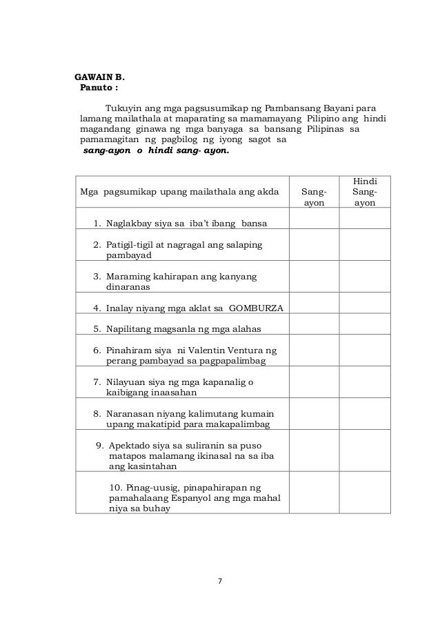 7
GAWAIN B.
Panuto :
Tukuyin ang mga pagsusumikap ng Pambansang Bayani para
lamang mailathala at maparating sa mamamayang Pilipino ang hindi
magandang ginawa ng mga banyaga sa bansang Pilipinas sa
pamamagitan ng pagbilog ng iyong sagot sa
sang-ayon o hindi sang- ayon.
Mga pagsumikap upang mailathala ang akda Sang-
ayon
Hindi
Sang-
ayon
1. Naglakbay siya sa iba’t ibang bansa
2. Patigil-tigil at nagragal ang salaping
pambayad
3. Maraming kahirapan ang kanyang
dinaranas
4. Inalay niyang mga aklat sa GOMBURZA
5. Napilitang magsanla ng mga alahas
6. Pinahiram siya ni Valentin Ventura ng
perang pambayad sa pagpapalimbag
7. Nilayuan siya ng mga kapanalig o
kaibigang inaasahan
8. Naranasan niyang kalimutang kumain
upang makatipid para makapalimbag
9. Apektado siya sa suliranin sa puso
matapos malamang ikinasal na sa iba
ang kasintahan
10. Pinag-uusig, pinapahirapan ng
pamahalaang Espanyol ang mga mahal
niya sa buhay
 