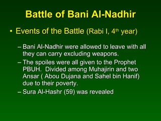 Battle of Bani Al-Nadhir Events of the Battle  (Rabi I, 4 th  year) Bani Al-Nadhir were allowed to leave with all they can carry excluding weapons. The spoiles were all given to the Prophet PBUH.  Divided among Muhajirin and two Ansar ( Abou Dujana and Sahel bin Hanif) due to their poverty. Sura Al-Hashr (59) was revealed 