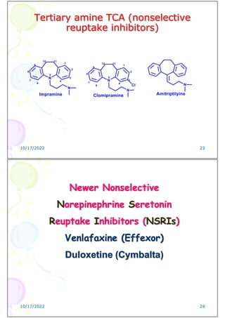 Tertiary amine TCA (nonselective
reuptake inhibitors)
10/17/2022 23
10/17/2022 24
Newer Nonselective
Norepinephrine Seretonin
Reuptake Inhibitors (NSRIs)
Venlafaxine (Effexor)
Duloxetine (Cymbalta)
 