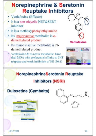 Norepinephrine & Seretonin
Reuptake Inhibitors
• Venlafaxine (Effexor)
• It is a non tricyclic NET&SERT
inhibitor
• It is a methoxyphenylethylamine
• Its major active metabolite is o-
demethylated product
• Its minor inactive metabolite is N-
demethylated product
• Venlafaxine & its active metabolite have
dual MOA with preferential affinity to 5HT
reuptake and weak Inhibition of NE (30:1)
Venlafaxine
NorepinephrineSerotonin Reuptake
Inhibitors (NSRI)
10/17/2022 26
Duloxetine (Cymbalta)
 
