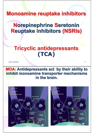 Monoamine reuptake inhibitors
Norepinephrine Seretonin
Reuptake Inhibitors (NSRIs)
Tricyclic antidepressants
(TCA)
10/17/2022 7
MOA: Antidepressants act by their ability to
inhibit monoamine transporter mechanisms
in the brain.
 
