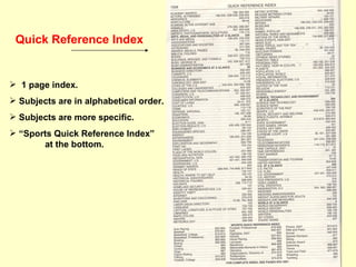 Quick Reference Index 1 page index. Subjects are in alphabetical order. Subjects are more specific.  “ Sports Quick Reference Index”  at the bottom. 