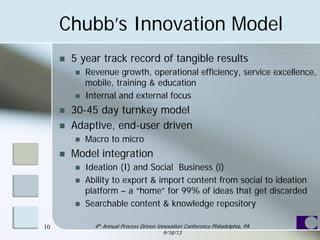 Chubb’s Innovation Model
 5 year track record of tangible results
 Revenue growth, operational efficiency, service excellence,
mobile, training & education
 Internal and external focus
 30-45 day turnkey model
 Adaptive, end-user driven
 Macro to micro
 Model integration
 Ideation (I) and Social Business (i)
 Ability to export & import content from social to ideation
platform – a “home” for 99% of ideas that get discarded
 Searchable content & knowledge repository
10 4th Annual Process Driven Innovation Conference Philadelphia, PA
9/18/13
 