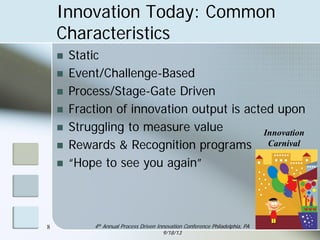 Innovation Today: Common
Characteristics
 Static
 Event/Challenge-Based
 Process/Stage-Gate Driven
 Fraction of innovation output is acted upon
 Struggling to measure value
 Rewards & Recognition programs
 “Hope to see you again”
8 4th Annual Process Driven Innovation Conference Philadelphia, PA
9/18/13
Innovation
Carnival
 