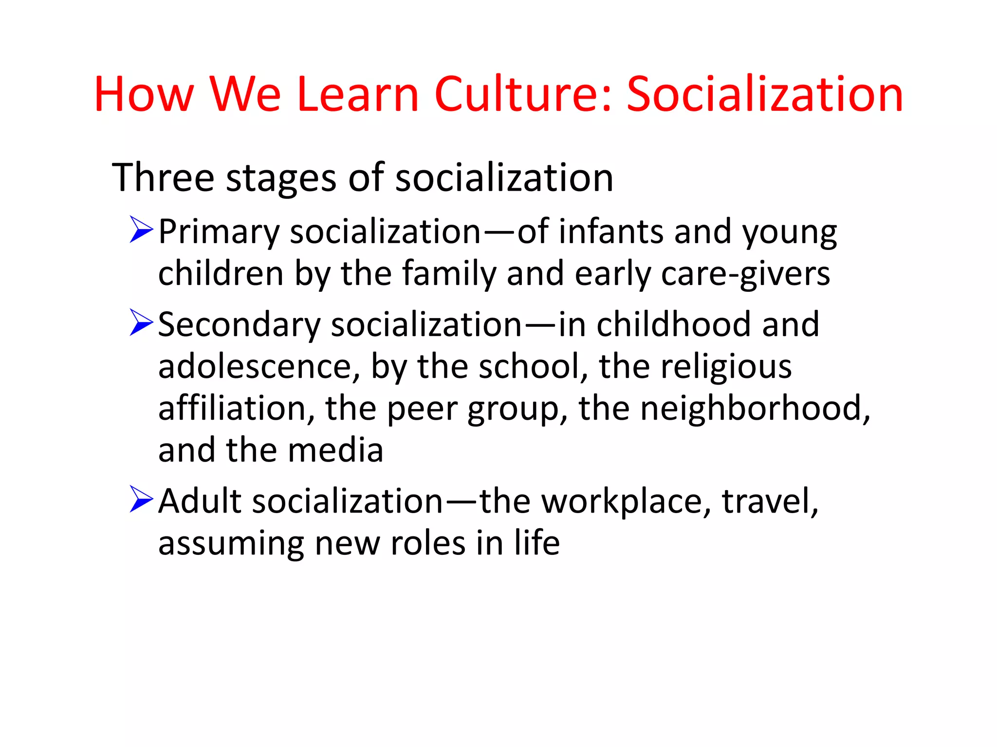 How We Learn Culture: Socialization
Three stages of socialization
Primary socialization—of infants and young
children by the family and early care-givers
Secondary socialization—in childhood and
adolescence, by the school, the religious
affiliation, the peer group, the neighborhood,
and the media
Adult socialization—the workplace, travel,
assuming new roles in life

 