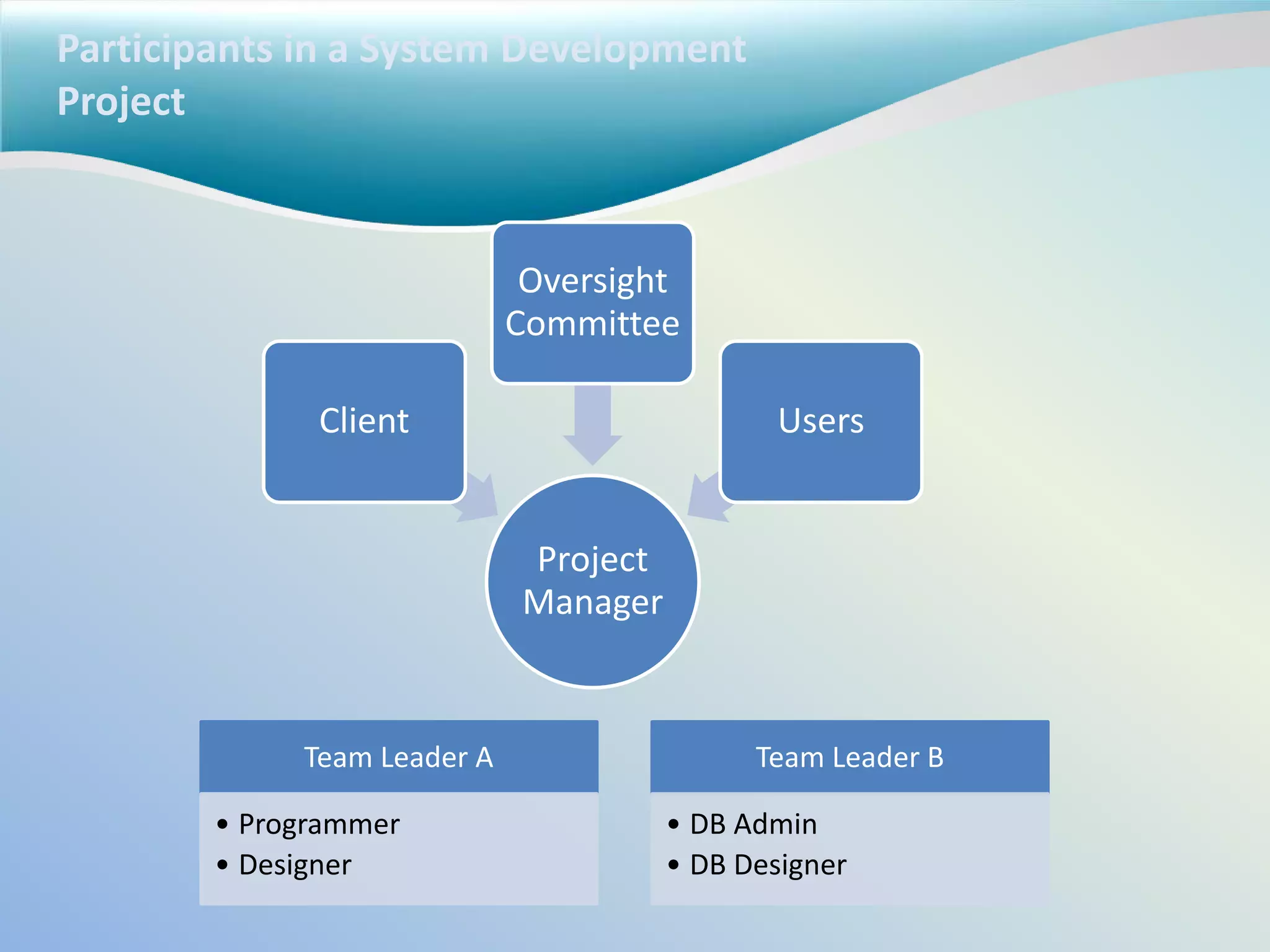 Participants in a System Development
Project
Project
Manager
Client
Oversight
Committee
Users
Team Leader A
• Programmer
• Designer
Team Leader B
• DB Admin
• DB Designer
 