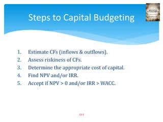 1. Estimate CFs (inflows & outflows).
2. Assess riskiness of CFs.
3. Determine the appropriate cost of capital.
4. Find NPV and/or IRR.
5. Accept if NPV > 0 and/or IRR > WACC.
12-3
Steps to Capital Budgeting
 