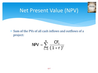 Sum of the PVs of all cash inflows and outflows of a
project:
12-7
Net Present Value (NPV)
 

N
0t
t
t
)r1(
CF
NPV
 
