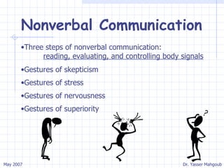 Nonverbal Communication Three steps of nonverbal communication:  reading, evaluating, and controlling body signals Gestures of skepticism Gestures of stress Gestures of nervousness Gestures of superiority 