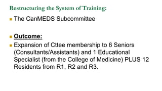 Restructuring the System of Training:
 The CanMEDS Subcommittee
 Outcome:
 Expansion of Cttee membership to 6 Seniors
(Consultants/Assistants) and 1 Educational
Specialist (from the College of Medicine) PLUS 12
Residents from R1, R2 and R3.
 