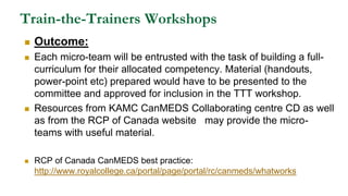Train-the-Trainers Workshops
 Outcome:
 Each micro-team will be entrusted with the task of building a full-
curriculum for their allocated competency. Material (handouts,
power-point etc) prepared would have to be presented to the
committee and approved for inclusion in the TTT workshop.
 Resources from KAMC CanMEDS Collaborating centre CD as well
as from the RCP of Canada website may provide the micro-
teams with useful material.
 RCP of Canada CanMEDS best practice:
http://www.royalcollege.ca/portal/page/portal/rc/canmeds/whatworks
 