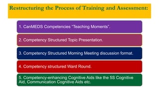 Restructuring the Process of Training and Assessment:
1. CanMEDS Competencies “Teaching Moments”.
2. Competency Structured Topic Presentation.
3. Competency Structured Morning Meeting discussion format.
4. Competency structured Ward Round.
5. Competency-enhancing Cognitive Aids like the 5S Cognitive
Aid, Communication Cognitive Aids etc.
 