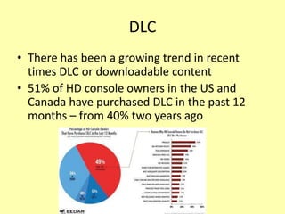DLC
• There has been a growing trend in recent
  times DLC or downloadable content
• 51% of HD console owners in the US and
  Canada have purchased DLC in the past 12
  months – from 40% two years ago
 