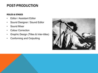 POST-PRODUCTION
ROLES & STAGES
• Editor / Assistant Editor
• Sound Designer / Sound Editor
• Sound Mixer
• Colour Correction
• Graphic Design (Titles & Inter-titles)
• Conforming and Outputting
 