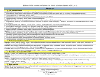 4th Grade English Language Arts Common Core Georgia Performance Standards (ELACCGPS)

                                                                               WRITING (W)
      Text Types and Purposes
ELACC4W1: Write opinion pieces on topics or texts, supporting a point of view with reasons.
a. Introduce a topic or text clearly, state an opinion, and create an organizational structure in which related ideas are grouped to support the writer’s purpose.
b. Provide reasons that are supported by facts and details.
c. Link opinion and reasons using words and phrases (e.g., for instance, in order to, in addition).
d. Provide a concluding statement or section related to the opinion presented.
ELACC4W2: Write informative/explanatory texts to examine a topic and convey ideas and information clearly.
a. Introduce a topic clearly and group related information in paragraphs and sections; include formatting (e.g., headings), illustrations, and multimedia when useful to aiding
comprehension.
b. Develop the topic with facts, definitions, concrete details, quotations, or other information and examples related to the topic.
c. Link ideas within categories of information using words and phrases. (e.g., another, for example, also, because).
d. Use precise language and domain-specific vocabulary to inform about or explain the topic.
e. Provide a concluding statement or section related to the information or explanation presented.
ELACC4W3: Write narratives to develop real or imagined experiences or events using effective technique, descriptive details, and clear event sequences.
a. Orient the reader by establishing a situation and introducing a narrator and/or characters; organize an event sequence that unfolds naturally.
b. Use dialogue and description to develop experiences and events or show the responses of characters to situations.
c. Use a variety of transitional words and phrases to manage the sequence of events.
d. Use concrete words and phrases and sensory details to convey experiences and events precisely.
e. Provide a conclusion that follows from the narrated experiences or events.
      Production and Distribution of Writing
ELACC4W4: Produce clear and coherent writing in which the development and organization are appropriate to task, purpose, and audience. (Grade-specific expectations for
writing types are defined in Standards 1–3 above.)
ELACC4W5: With guidance and support from peers and adults, develop and strengthen writing as needed by planning, revising, and editing. (Editing for conventions should
demonstrate command of Language standards 1–3 up to and including grade 4.)
ELACC4W6: With some guidance and support from adults, use technology, including the Internet, to produce and publish writing as well as to interact and collaborate with
others; demonstrate sufficient command of keyboarding skills to type a minimum of one page in a single sitting.
      Research to Build and Present Knowledge
ELACC4W7: Conduct short research projects that build knowledge through investigation of different aspects of a topic.
ELACC4W8: Recall relevant information from experiences or gather relevant information from print and digital sources; take notes and categorize information, and provide a list
of sources.
ELACC4W9: Draw evidence from literary or informational texts to support analysis, reflection, and research.
a. Apply grade 4 Reading standards to literature (e.g., “Describe in depth a character, setting, or event in a story or drama, drawing on specific details in the text [e.g., a
character’s thoughts, words, or actions].”).
b. Apply grade 4 Reading standards to informational texts (e.g., “Explain how an author uses reasons and evidence to support particular points in a text”).
      Range of Writing
ELACC4W10: Write routinely over extended time frames (time for research, reflection, and revision) and shorter time frames (a single sitting or a day or two) for a range of
discipline-specific tasks, purposes, and audiences.
                                                                       Georgia Department of Education
                                                                Dr. John D. Barge, State School Superintendent
                                                                          July 15, 2011 Page 3 of 5
                                                                             All Rights Reserved
 