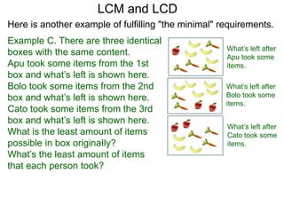 Example C. There are three identical
boxes with the same content.
Apu took some items from the 1st
box and what’s left is shown here.
Bolo took some items from the 2nd
box and what’s left is shown here.
Cato took some items from the 3rd
box and what’s left is shown here.
What is the least amount of items
possible in box originaIly?
What’s the least amount of items
that each person took?
LCM and LCD
What’s left after
Apu took some
items.
What’s left after
Bolo took some
items.
What’s left after
Cato took some
items.
Here is another example of fulfilling "the minimal" requirements.
 