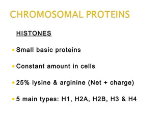 HISTONES
•Small basic proteins
•Constant amount in cells
•25% lysine & arginine (Net + charge)
•5 main types: H1, H2A, H2B, H3 & H4
 