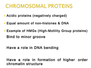 • Acidic proteins (negatively charged)
• Equal amount of non-histones & DNA
• Example of HMGs (High-Motility Group proteins)
Bind to minor groove
Have a role in DNA bending
Have a role in formation of higher order
chromatin structure
 