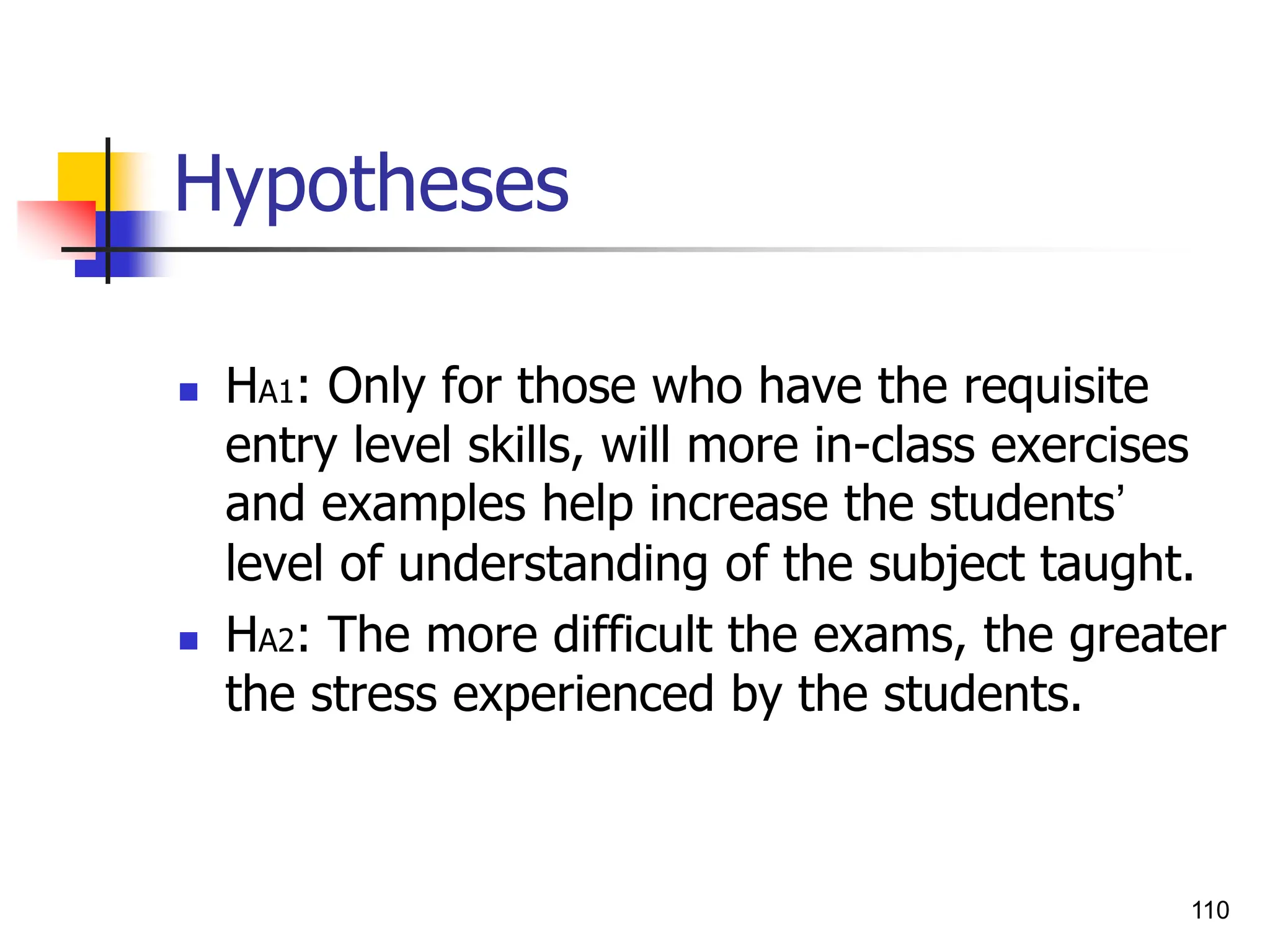 110
Hypotheses
 HA1: Only for those who have the requisite
entry level skills, will more in-class exercises
and examples help increase the students’
level of understanding of the subject taught.
 HA2: The more difficult the exams, the greater
the stress experienced by the students.
 