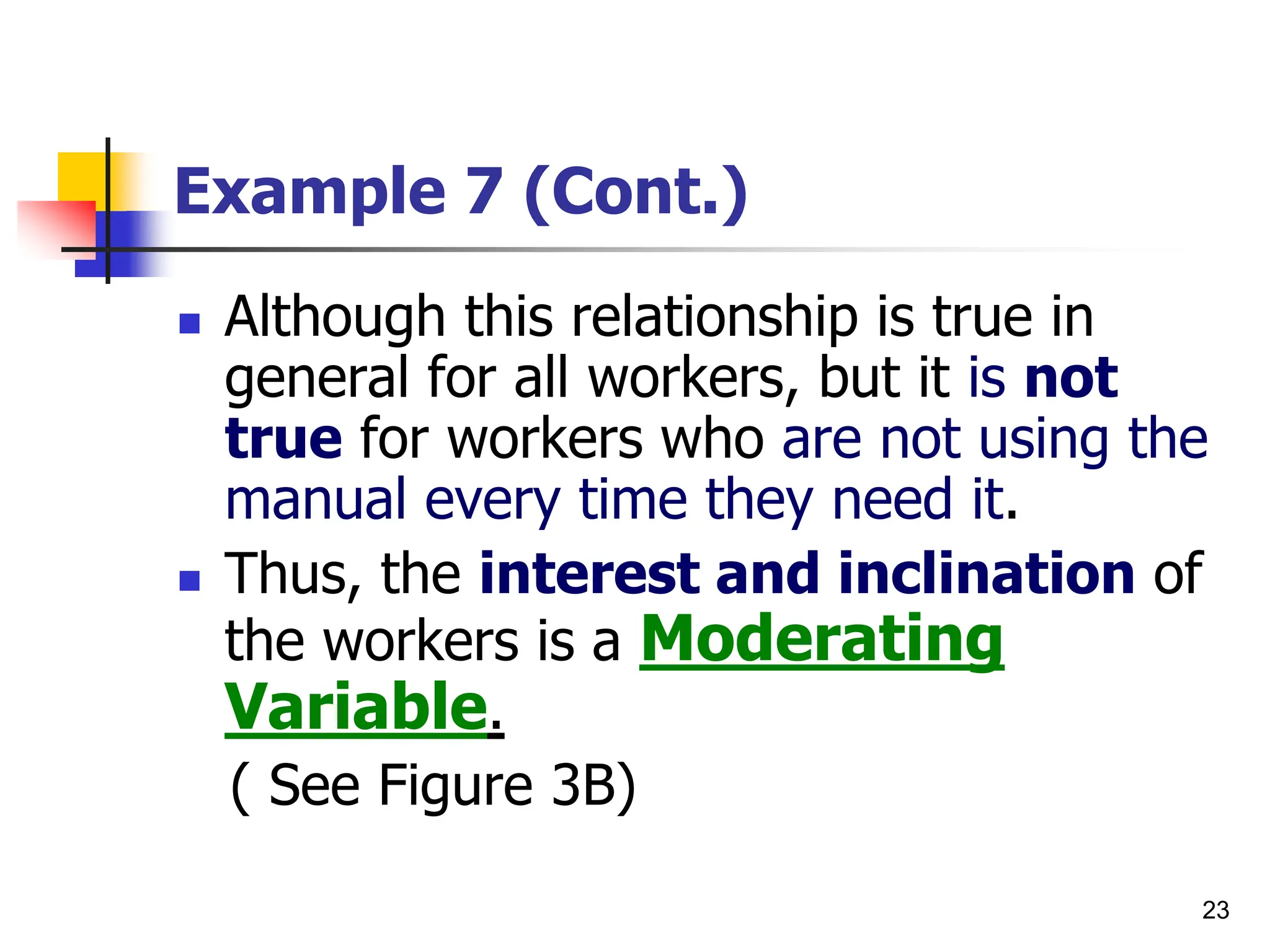 23
Example 7 (Cont.)
 Although this relationship is true in
general for all workers, but it is not
true for workers who are not using the
manual every time they need it.
 Thus, the interest and inclination of
the workers is a Moderating
Variable.
( See Figure 3B)
 