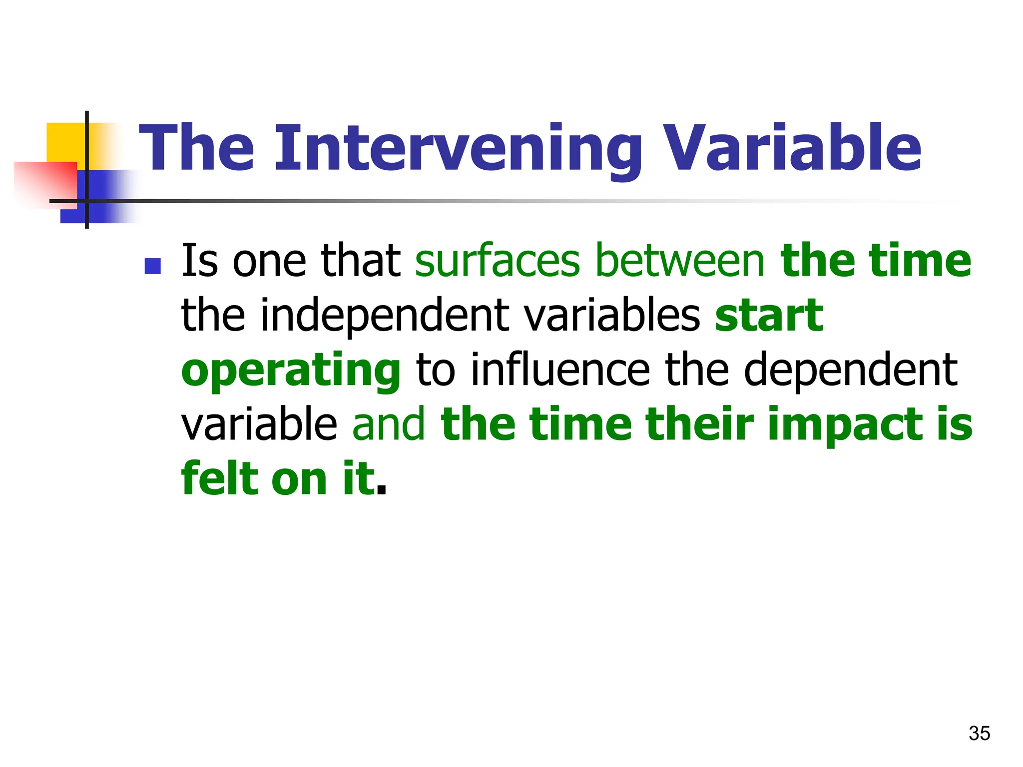 35
The Intervening Variable
 Is one that surfaces between the time
the independent variables start
operating to influence the dependent
variable and the time their impact is
felt on it.
 