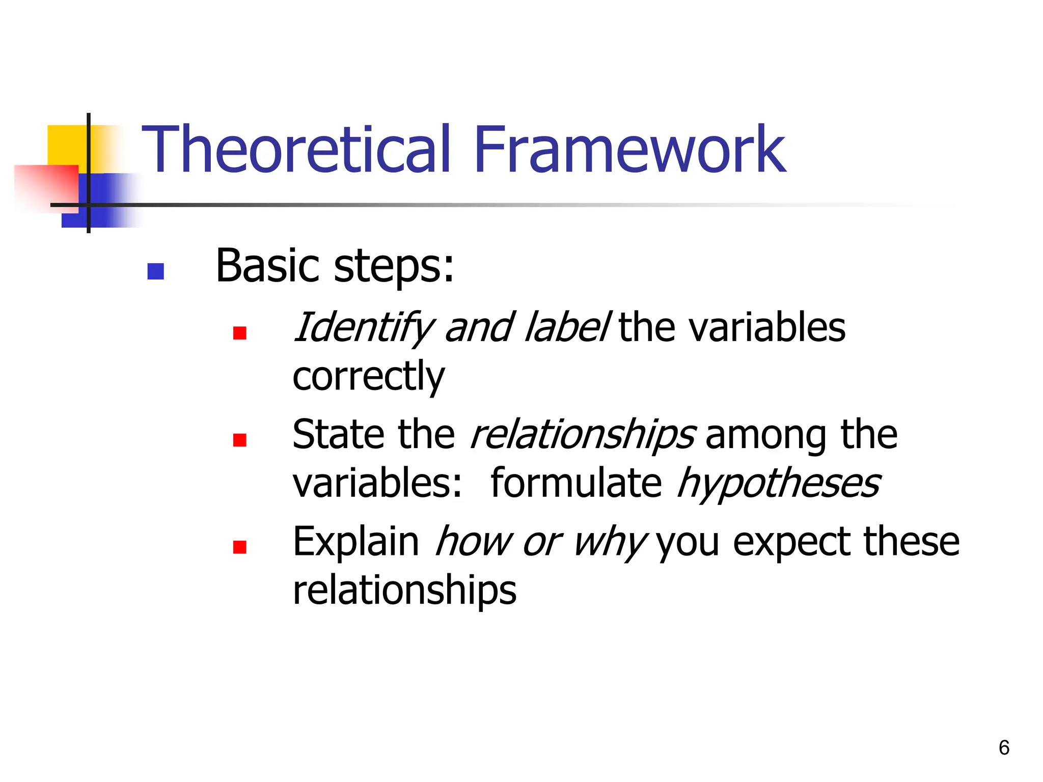 Theoretical Framework
 Basic steps:
 Identify and label the variables
correctly
 State the relationships among the
variables: formulate hypotheses
 Explain how or why you expect these
relationships
6
 