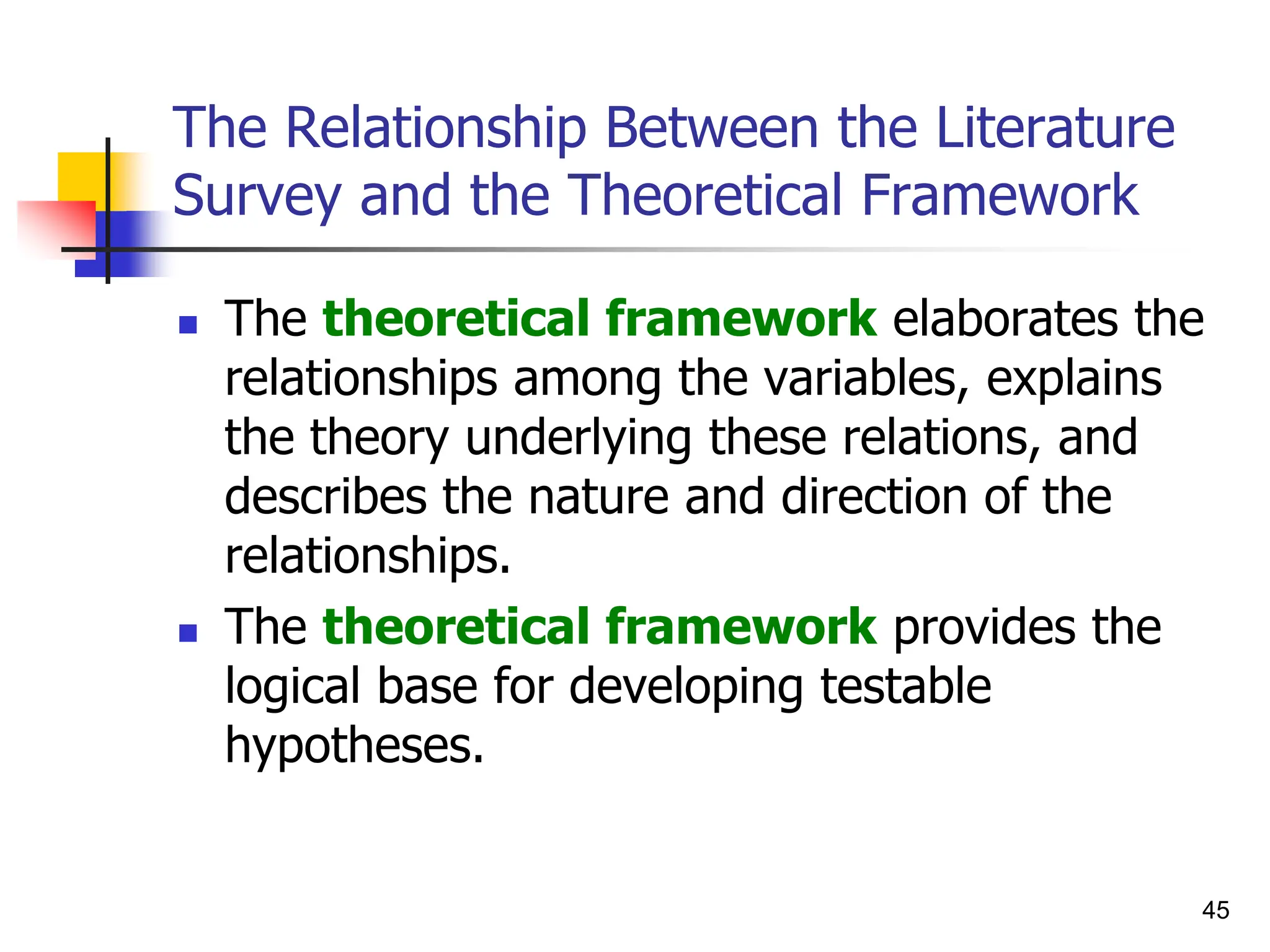 45
The Relationship Between the Literature
Survey and the Theoretical Framework
 The theoretical framework elaborates the
relationships among the variables, explains
the theory underlying these relations, and
describes the nature and direction of the
relationships.
 The theoretical framework provides the
logical base for developing testable
hypotheses.
 